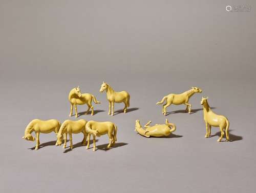 A GROUP OF EIGHT BISCUIT ‘HORSES OF MU WANG’, QING DYNA…