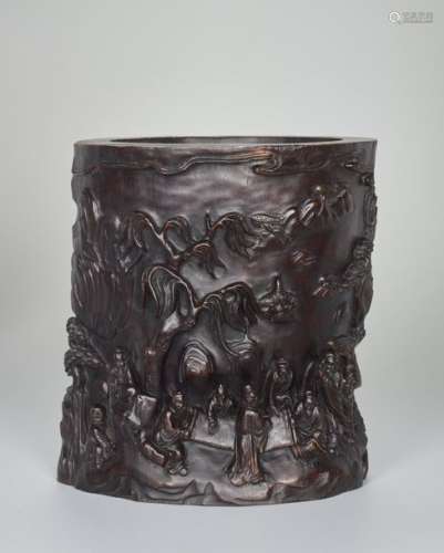 A LARGE ZITAN ‘TREE TRUNK’ BRUSHPOT WITH SCHOLARS, QING…