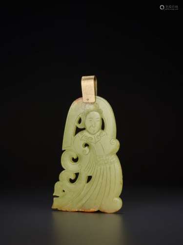 A YELLOW AND RUSSET JADE PENDANT WITH GUANYIN, QING DYN…