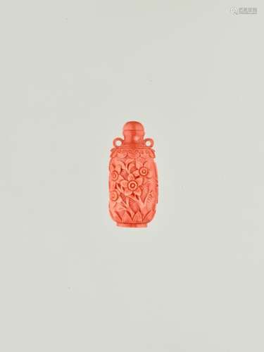 A SMALL CORAL ‘PEACH BLOSSOM’ SNUFF BOTTLE, LATER QING …