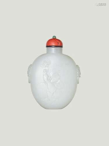 AN INSCRIBED WHITE JADE ‘BOY AND BAT’ SNUFF BOTTLE, 18T…