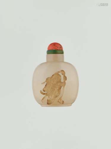 A HUMORISTIC ‘LIU HAI’ SHADOW AGATE SNUFF BOTTLE, OFFIC…