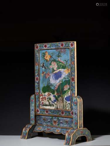 A CLOISONNE ‘LOTUS’ TABLE SCREEN AND STAND