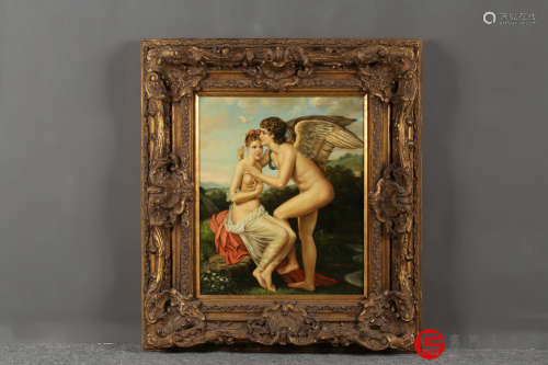 19世纪末.欧洲贵族式漆金木框名家精绘《天使》油画挂屏