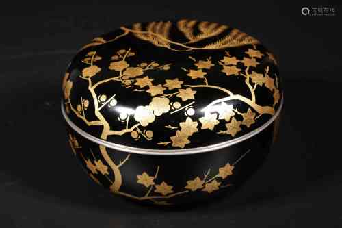 昭和时期.木胎漆器描金花鸟纹圆形盖盒