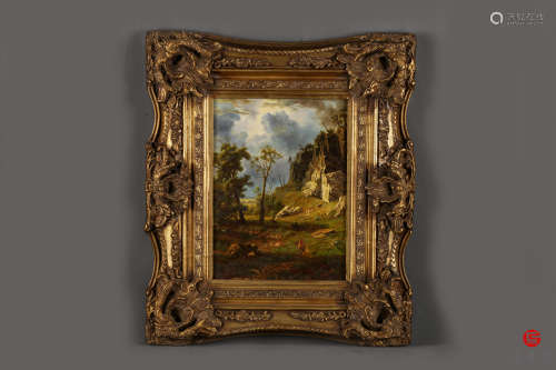 19世纪末.欧洲贵族奢华漆金木框《旅路》油画挂屏
