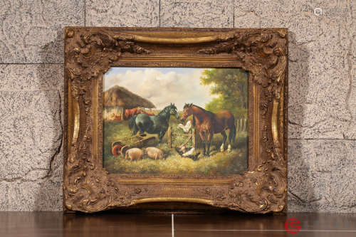 19世纪末.欧洲贵族漆金实木框内裱布制精美《骏马》油画挂屏