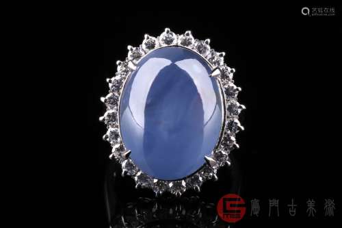 斯里兰卡天然顶级璀璨豪华27.27克拉星光蓝宝石豪镶1.07克拉钻石铂金戒指（铂金PT900，蓝宝石27.27克拉，钻石1.07克拉，附证书）