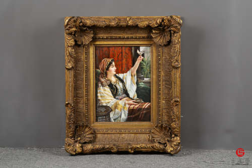 19世纪末.欧洲贵族式漆金木框名家作精美《少女飞鸟》油画挂屏