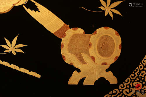 昭和时期.木胎漆器金莳绘博古鸟纹图盖盒