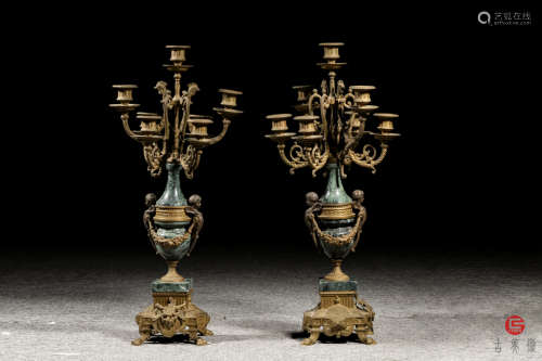 19世纪.宫廷级工艺精美铜鎏金西洋烛台一对