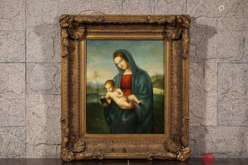 19世纪末.欧洲贵族奢华木框漆金大师作《圣母子像》油画挂屏