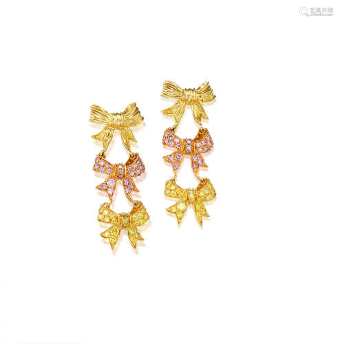 A Pair of Coloured Diamond Pendent Earrings,  by Carvin French