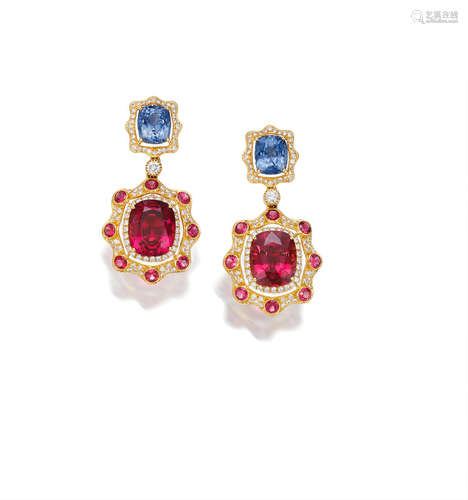 A Pair of Spinel and Diamond Earrings