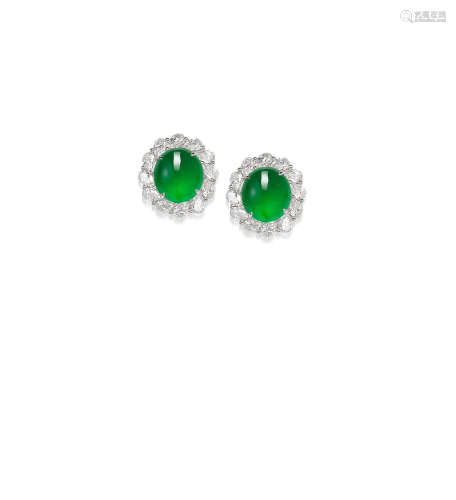 A Pair Of Jadeite and Diamond Earrings