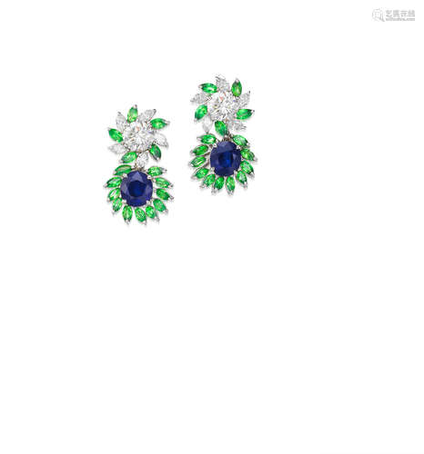 A pair of Sapphire, Tsavorite Garnet and Diamond Earrings,  by Alexander Laut