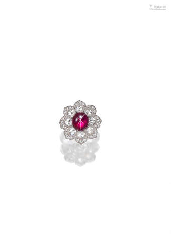 A Star Ruby and Diamond Cluster Ring