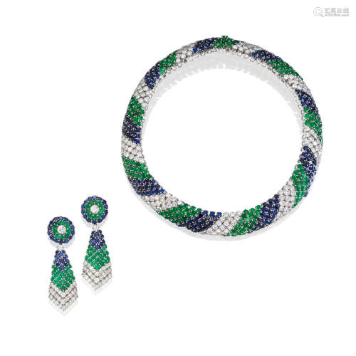 (2) An Emerald, Sapphire and Diamond Necklace and Earring Suite