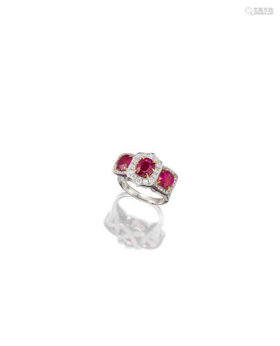 A Ruby and Diamond Three-Stone Ring