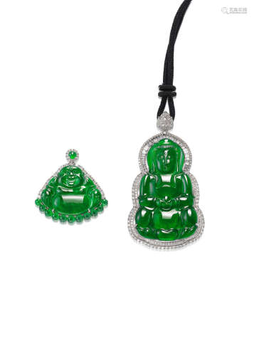 (2) A Jadeite 'Guanyin' and diamond pendant and a Jadeite 'Buddha' and Diamond Pendant