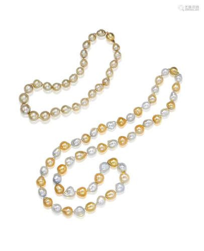 (2) A Cultured Pearl and Diamond Necklace and A Cultured Pearl Necklace