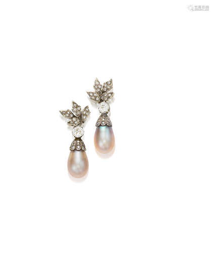 A Pair of Natural Pearl and Diamond Pendent Earrings, by G. Petochi