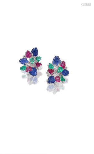 A PAIR OF EMERALD, SAPPHIRE, RUBY AND DIAMOND EARRINGS