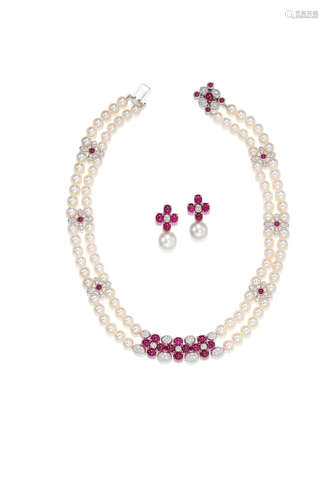 (2) A Ruby, Diamond and Cultured Pearl Necklace and Earring Suite