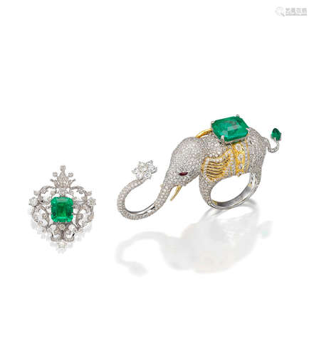 (2) An Emerald and Diamond Novelty Ring and Pendant/Brooch