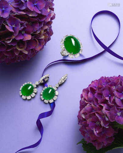 (2) A Jadeite and Diamond Ring and Earring Suite