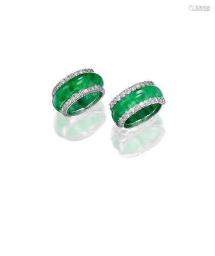 (2) A pair of Jadeite and diamond Abacus Rings