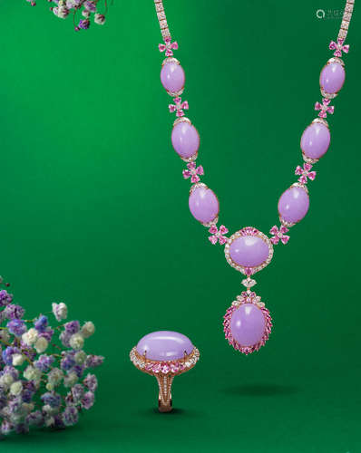 (2) A Lavender Jadeite, Sapphire and Diamond Necklace and Ring Suite