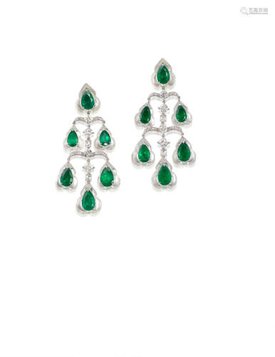 A Pair of Emerald, Quartz and Diamond Pendent Earrings