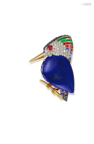 A Diamond, Ruby, Emerald, Sapphire and Lapis Lazuli Novelty Brooch,   by Cartier