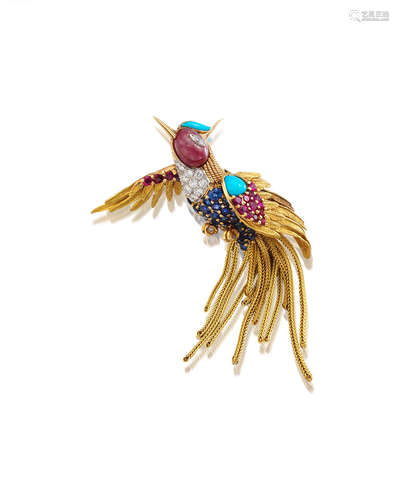 A RUBY, SAPPHIRE, TURQUOISE AND DIAMOND NOVELTY BROOCH by Chaumet,  circa 1960