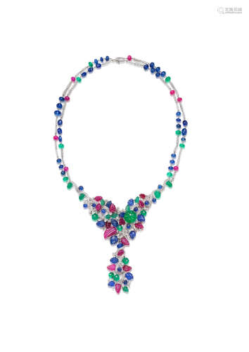 AN EMERALD, SAPPHIRE, RUBY AND DIAMOND NECKLACE