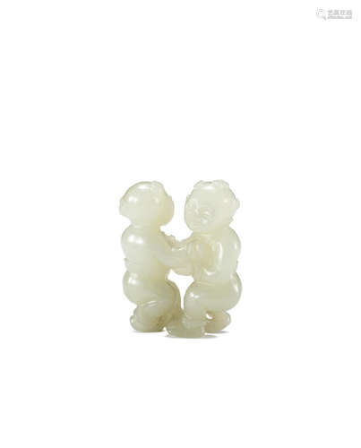 19th century A very pale green jade 'twin-boys' group