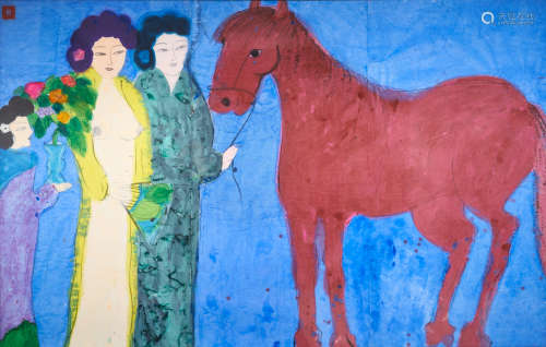 Three Women and a Red Horse  Walasse Ting(Chinese/American, 1929-2010)(Ding Xiongquan)  丁雄泉