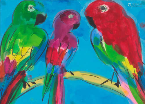 Three Parrots Walasse Ting(Chinese/American, 1929-2010)(Ding Xiongquan)  丁雄泉