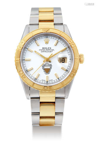 Rolex, A Rare Stainless Steel and Gold Automatic Centre Seconds Wristwatch with Date and Bracelet, Special Dial with Bahrain Royal Crest Emblem