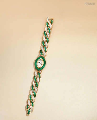 Case by Audemars Piguet, Bracelet by Moussaieff, A Very Rare Lady's Yellow Gold, Diamond and Emerald-Set Bracelet Watch