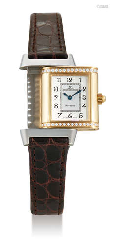 Jaeger-LeCoultre, A Lady's Stainless Steel and Yellow Gold Diamond-Set Rectangular Reversible Wristwatch