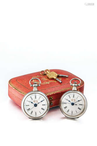 Juvet, A Rare Pair of Small Open-Faced Key Wound Centre Seconds Lever Fob Watches, with Original Presentation Case and Matching Keys, made for the Chinese Market