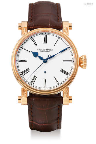 Speake-Marin, A Very Rare and Unique Red Gold Automatic Centre Seconds Wristwatch with Enamel Dial and Engraved Case