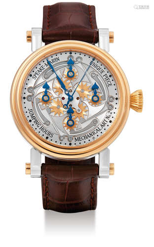 Speake-Marin, A Unique Pink Gold and Stainless Steel Semi-skeletonised Automatic Jumping Hours Quadruple-Hand Time Display Wristwatch