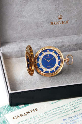 Rolex, A Very Rare Yellow Gold Hunting-Cased Watch with Lapis-Lazuli and Diamond-set Dial with Original Presentation Box and Certificate of Guarantee