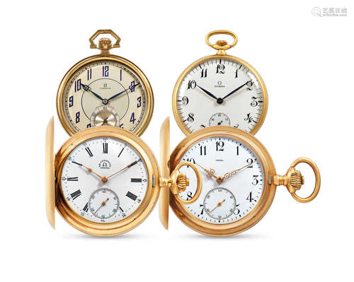 Omega, Two Pink Gold Hunter Case Keyless Pocket Watches, and Two Yellow Gold Open face Pocket Watches