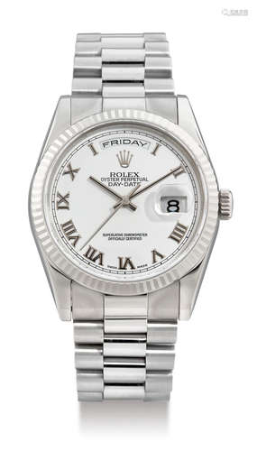 Rolex, A Fine White Gold Automatic Wristwatch with Centre Seconds, Day and Date Indication and Bracelet, with Original Certificate and Presentation Box