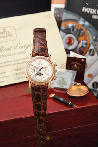 Patek Philippe, A Fine and Rare Pink Gold Perpetual Calendar Chronograph Wristwatch with Moonphase, Original Certificate of Origin, Presenation box, Spare Case Back and Tags