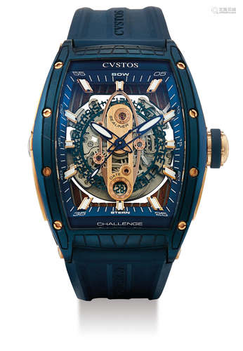 Cvstos, A Fine Blue PVD Coated Stainless Steel and Pink Gold Automatic Center Seconds Skeletonised Wristwatch with Date